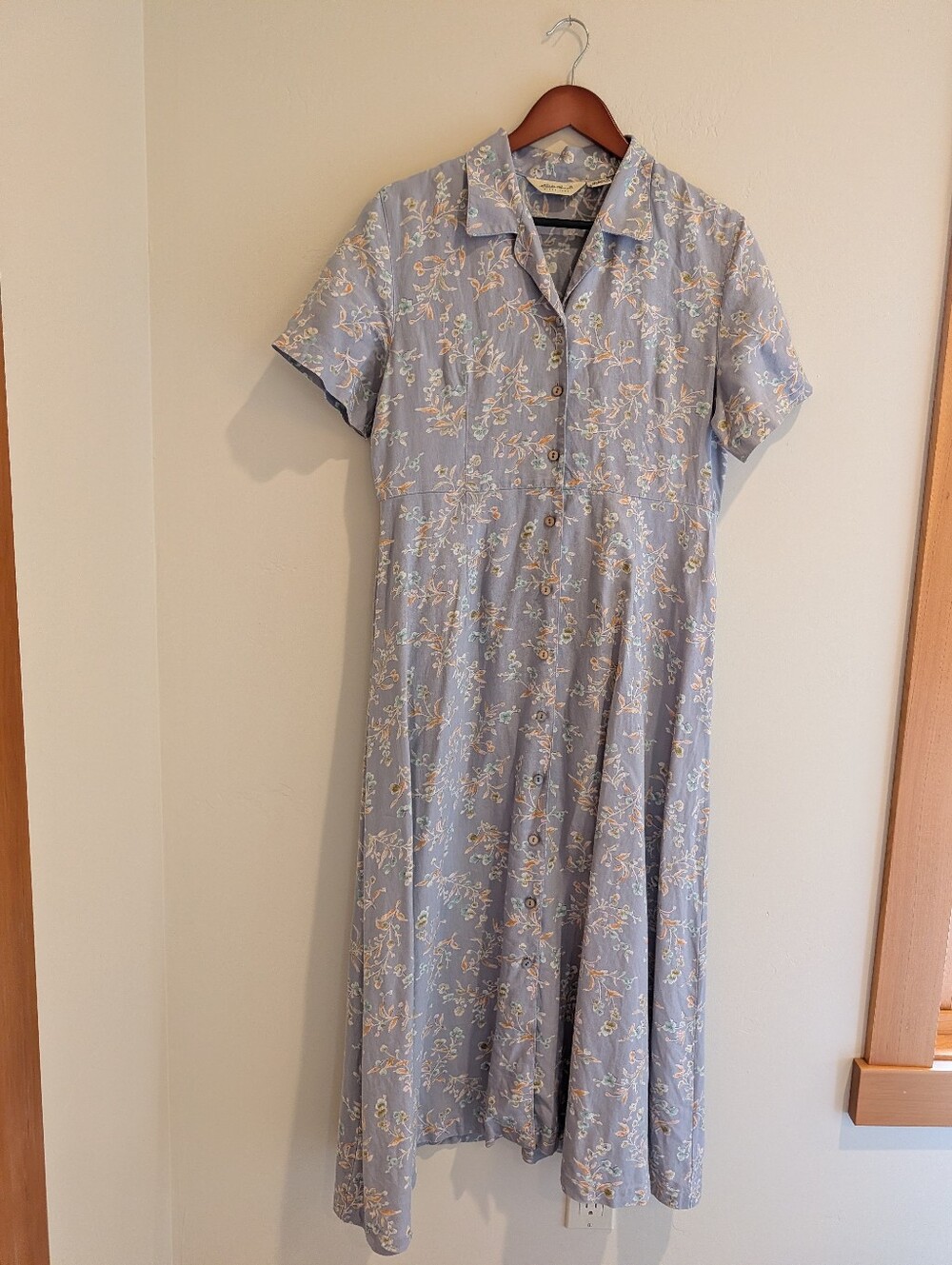 Linen 90s Eddie Bauer Camp Shirt Maxi Dress Boxy Oversized Lilac Purple Floral